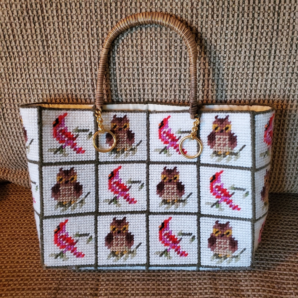 Vintage cross stitch owl cardinal shoulder purse